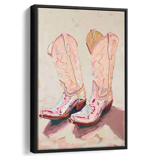 Pink Cowgirl Boots Art Print,Vintage,Preppy,Trendy ,Western Decor,Dorm Room, Framed Canvas Print Wall Art, Floating Frame