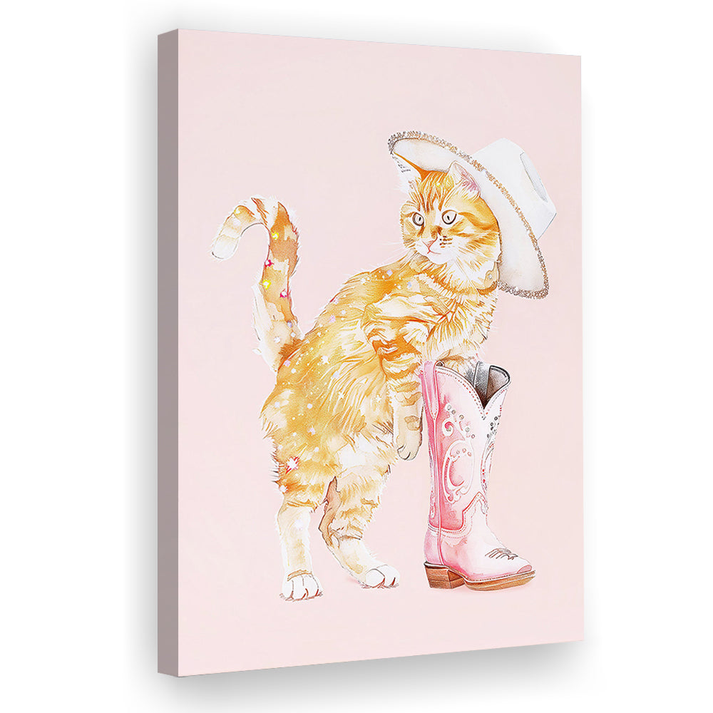 Pink Cowgirl Fashion Cat Print Orange Cat Cowgirl Hat Western Cowgirl Boots, Canvas Print Wall Art, Wall Decor, Painting Canvas