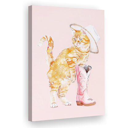 Pink Cowgirl Fashion Cat Print Orange Cat Cowgirl Hat Western Cowgirl Boots, Canvas Print Wall Art, Wall Decor, Painting Canvas