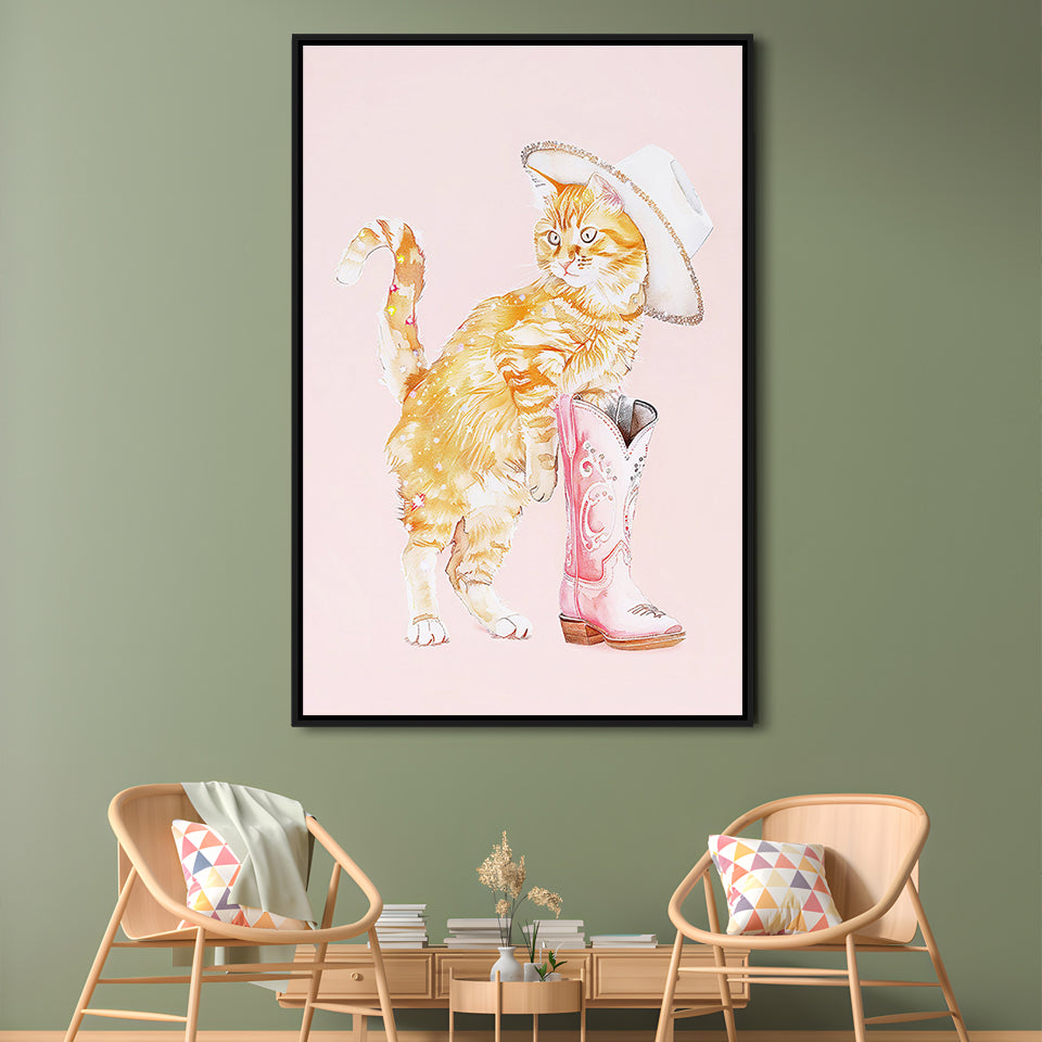 Pink Cowgirl Fashion Cat Print Orange Cat Cowgirl Hat Western Cowgirl Boots, Framed Canvas Print Wall Art, Floating Frame
