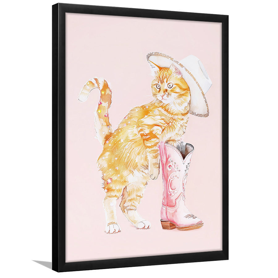 Pink Cowgirl Fashion Cat Print Orange Cat Cowgirl Hat Western Cowgirl Boots, Framed Art Print Wall Decor, Picture Framed