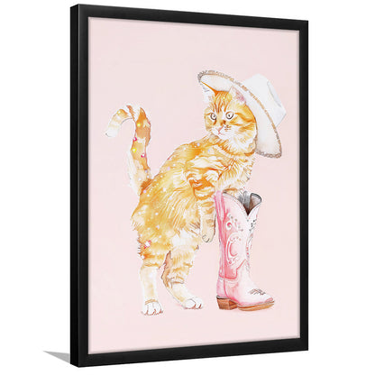 Pink Cowgirl Fashion Cat Print Orange Cat Cowgirl Hat Western Cowgirl Boots, Framed Art Print Wall Decor, Picture Framed