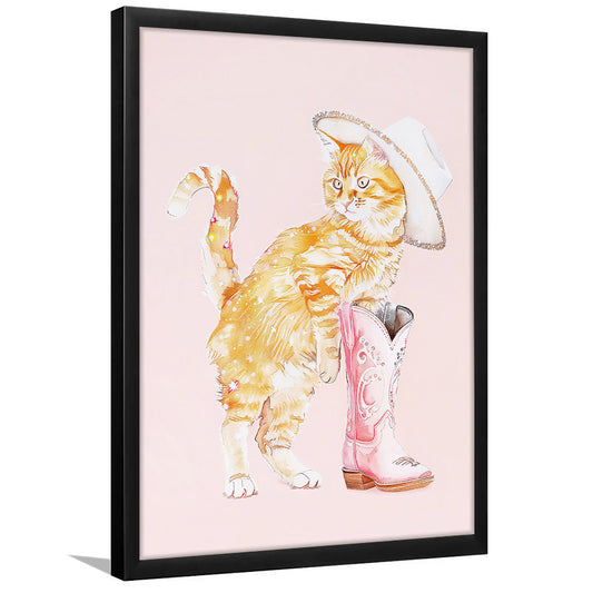 Pink Cowgirl Fashion Cat Print Orange Cat Cowgirl Hat Western Cowgirl Boots, Framed Art Print Wall Decor, Picture Framed