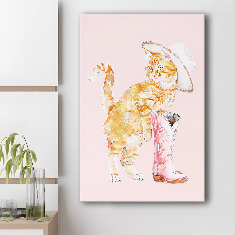 Pink Cowgirl Fashion Cat Print Orange Cat Cowgirl Hat Western Cowgirl Boots, Canvas Print Wall Art, Wall Decor, Painting Canvas