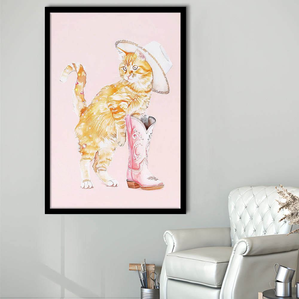 Pink Cowgirl Fashion Cat Print Orange Cat Cowgirl Hat Western Cowgirl Boots, Framed Art Print Wall Decor, Picture Framed