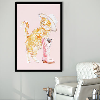 Pink Cowgirl Fashion Cat Print Orange Cat Cowgirl Hat Western Cowgirl Boots, Framed Art Print Wall Decor, Picture Framed