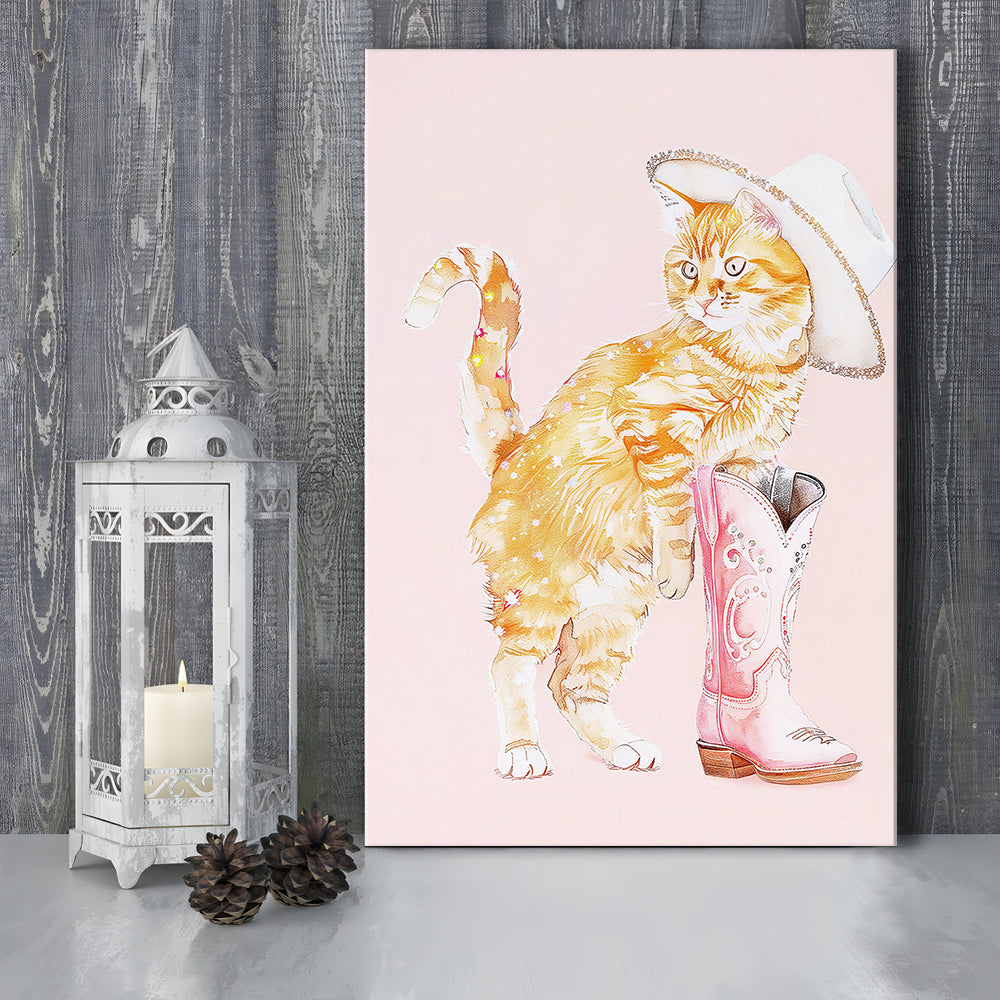 Pink Cowgirl Fashion Cat Print Orange Cat Cowgirl Hat Western Cowgirl Boots, Canvas Print Wall Art, Wall Decor, Painting Canvas