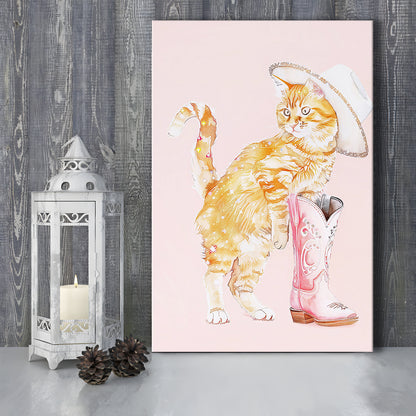 Pink Cowgirl Fashion Cat Print Orange Cat Cowgirl Hat Western Cowgirl Boots, Canvas Print Wall Art, Wall Decor, Painting Canvas