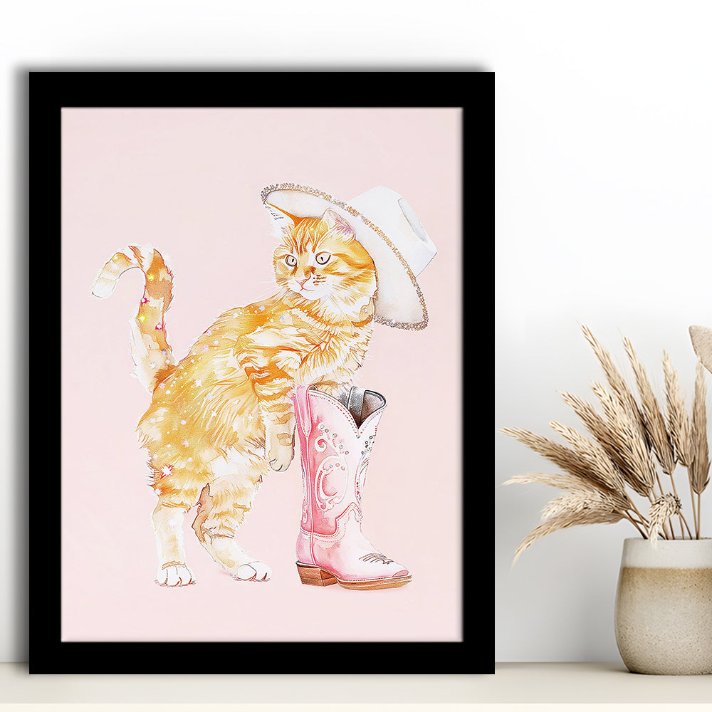 Pink Cowgirl Fashion Cat Print Orange Cat Cowgirl Hat Western Cowgirl Boots, Framed Art Print Wall Decor, Picture Framed