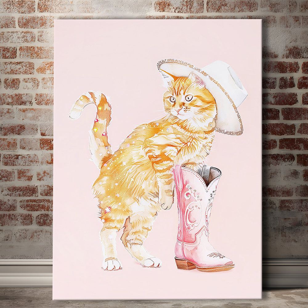 Pink Cowgirl Fashion Cat Print Orange Cat Cowgirl Hat Western Cowgirl Boots, Canvas Print Wall Art, Wall Decor, Painting Canvas