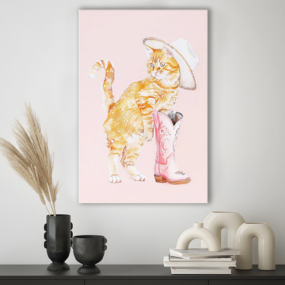 Pink Cowgirl Fashion Cat Print Orange Cat Cowgirl Hat Western Cowgirl Boots, Canvas Print Wall Art, Wall Decor, Painting Canvas