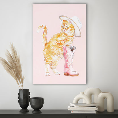 Pink Cowgirl Fashion Cat Print Orange Cat Cowgirl Hat Western Cowgirl Boots, Canvas Print Wall Art, Wall Decor, Painting Canvas