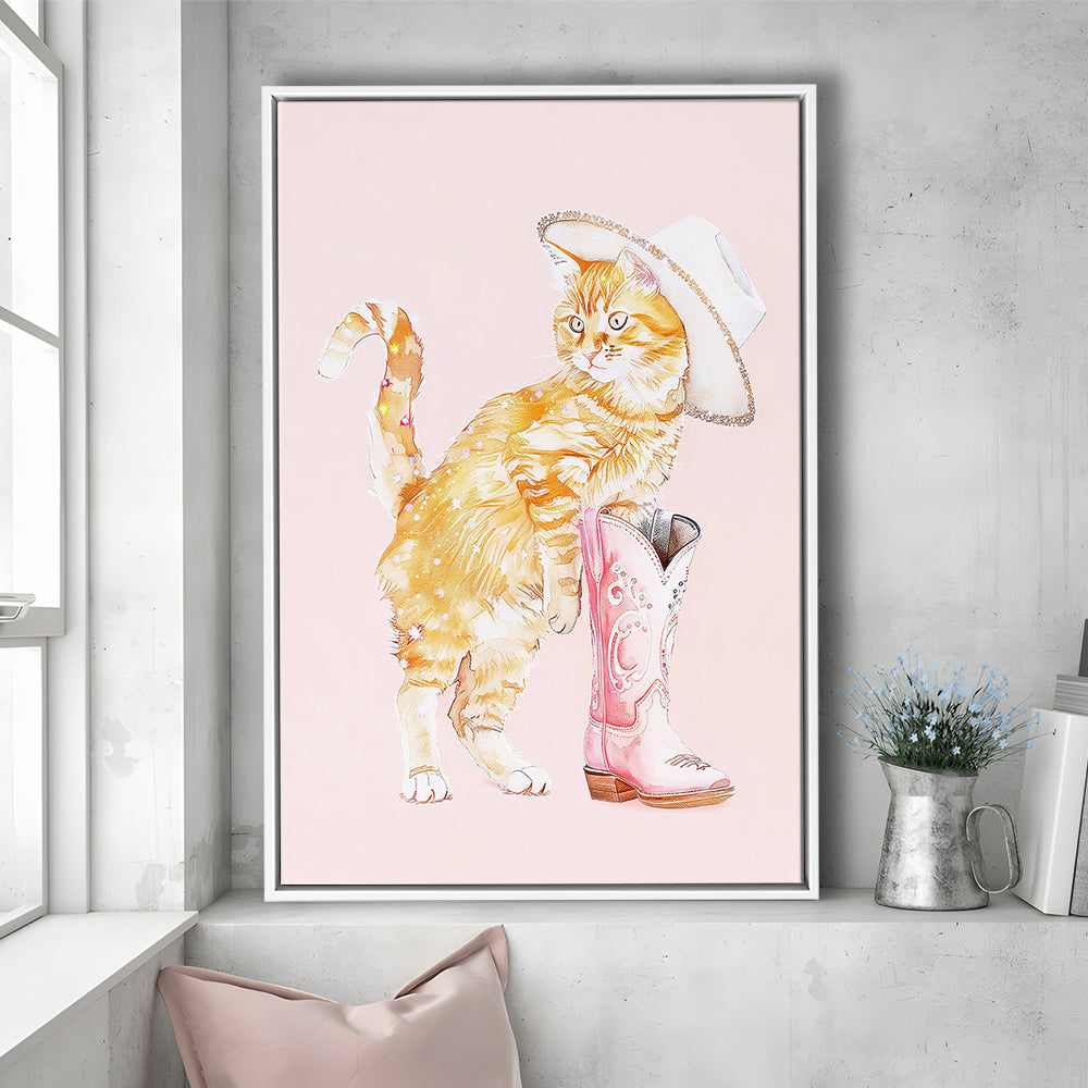 Pink Cowgirl Fashion Cat Print Orange Cat Cowgirl Hat Western Cowgirl Boots, Framed Canvas Print Wall Art, Floating Frame