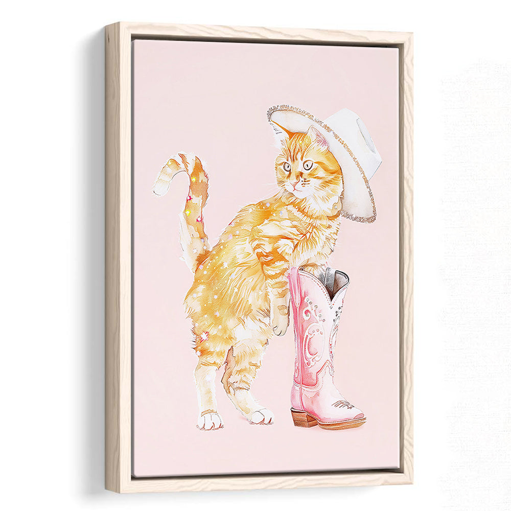 Pink Cowgirl Fashion Cat Print Orange Cat Cowgirl Hat Western Cowgirl Boots, Framed Canvas Print Wall Art, Floating Frame