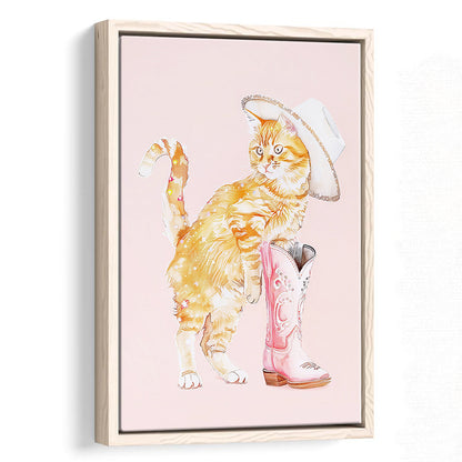 Pink Cowgirl Fashion Cat Print Orange Cat Cowgirl Hat Western Cowgirl Boots, Framed Canvas Print Wall Art, Floating Frame