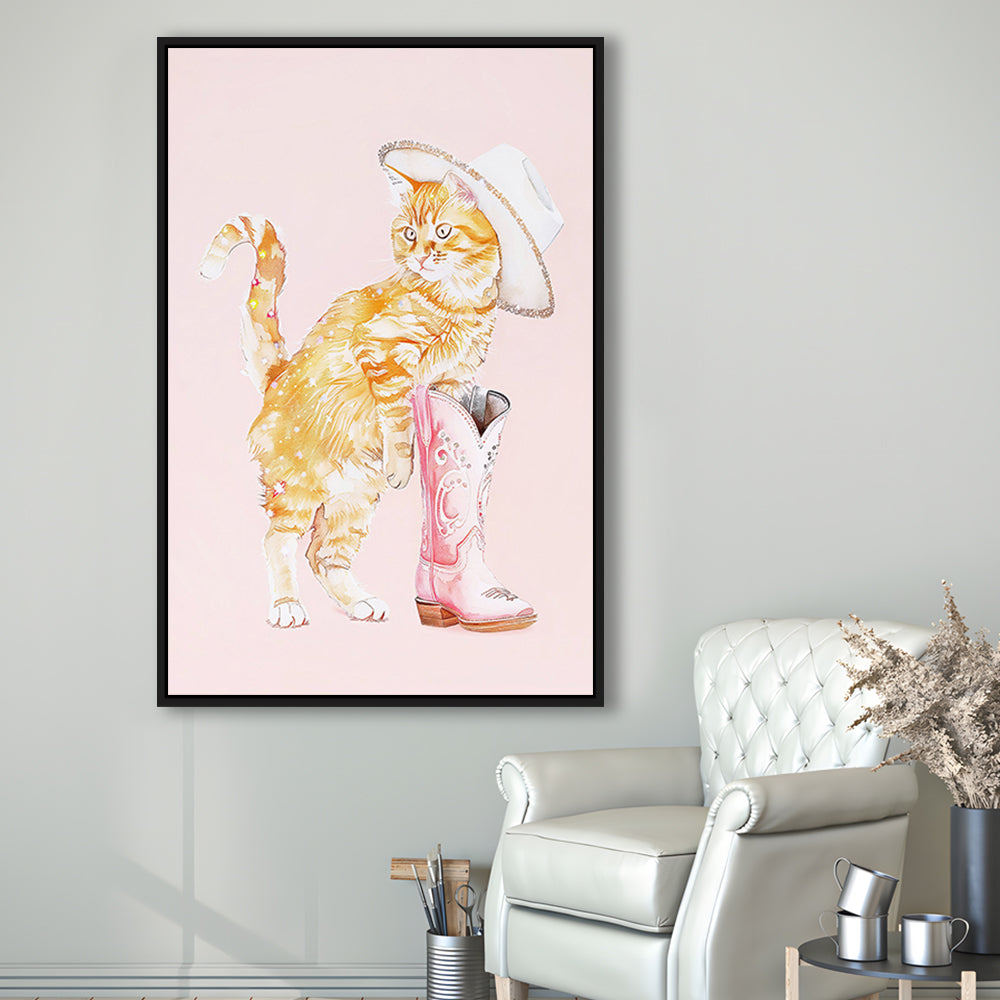 Pink Cowgirl Fashion Cat Print Orange Cat Cowgirl Hat Western Cowgirl Boots, Framed Canvas Print Wall Art, Floating Frame