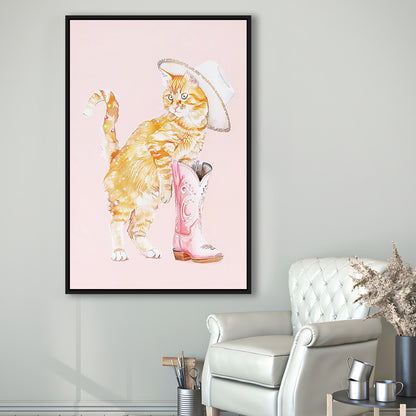 Pink Cowgirl Fashion Cat Print Orange Cat Cowgirl Hat Western Cowgirl Boots, Framed Canvas Print Wall Art, Floating Frame