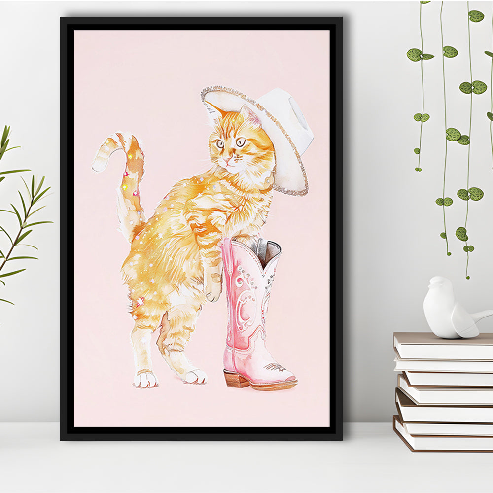 Pink Cowgirl Fashion Cat Print Orange Cat Cowgirl Hat Western Cowgirl Boots, Framed Canvas Print Wall Art, Floating Frame
