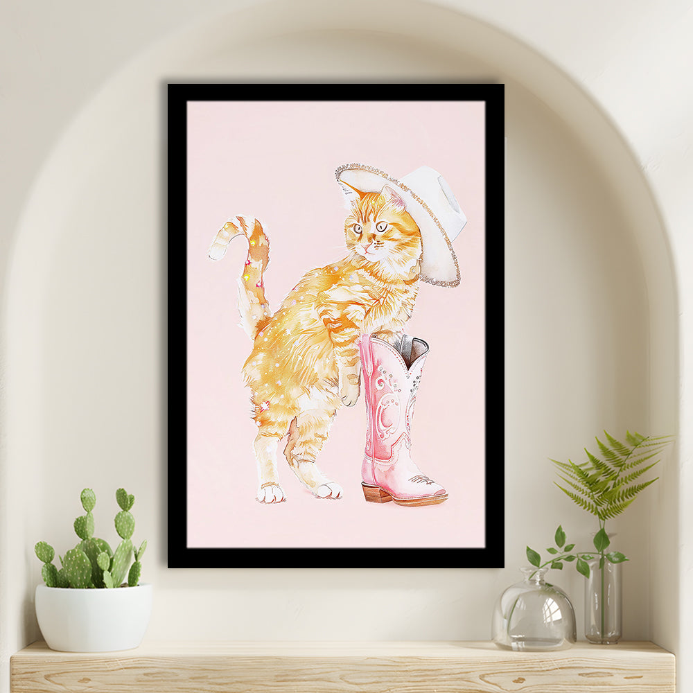 Pink Cowgirl Fashion Cat Print Orange Cat Cowgirl Hat Western Cowgirl Boots, Framed Art Print Wall Decor, Picture Framed