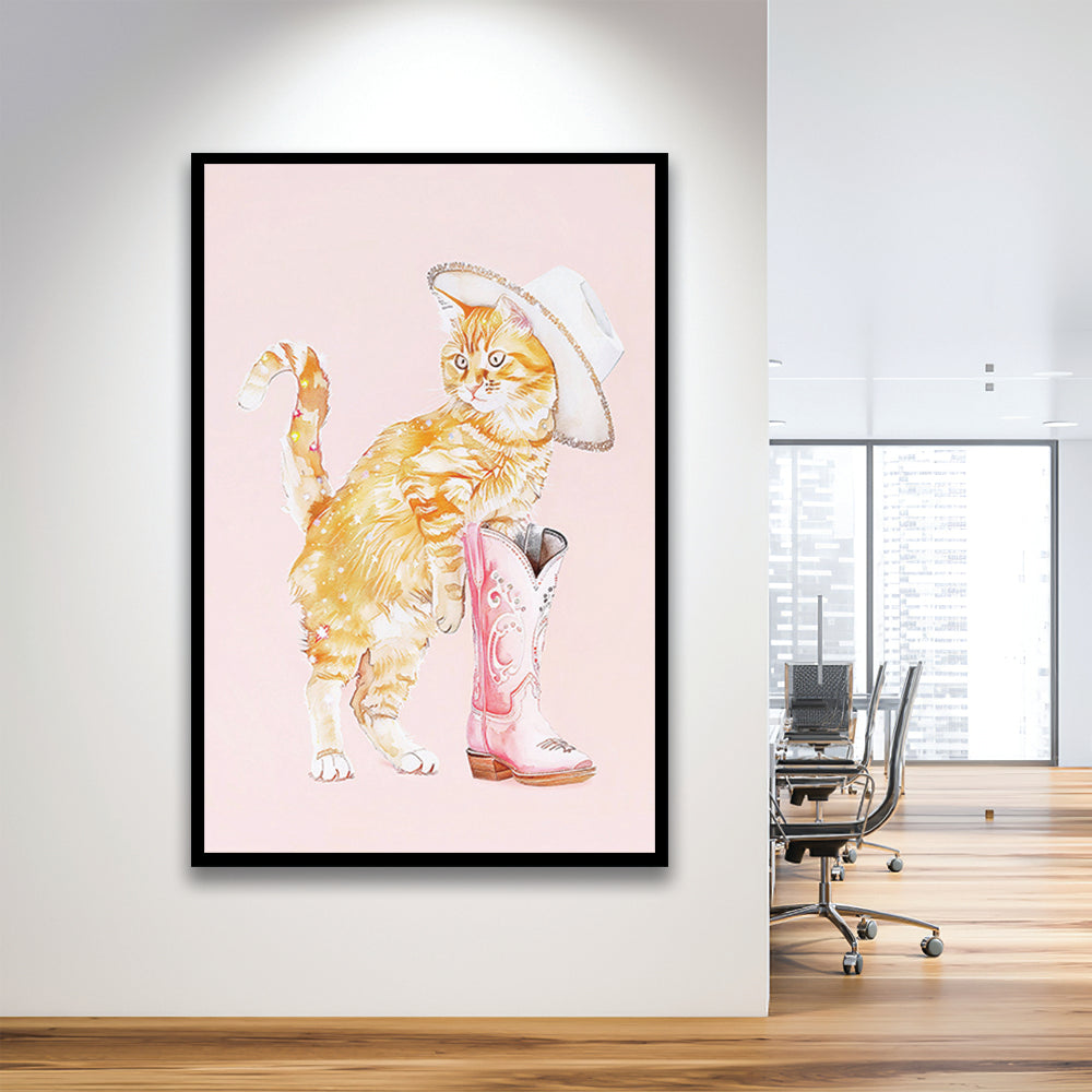 Pink Cowgirl Fashion Cat Print Orange Cat Cowgirl Hat Western Cowgirl Boots, Framed Art Print Wall Decor, Picture Framed