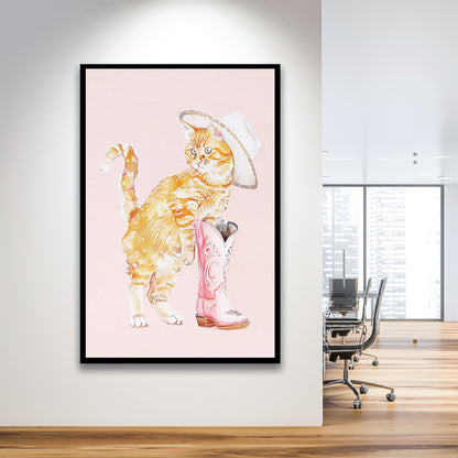 Pink Cowgirl Fashion Cat Print Orange Cat Cowgirl Hat Western Cowgirl Boots, Framed Art Print Wall Decor, Picture Framed