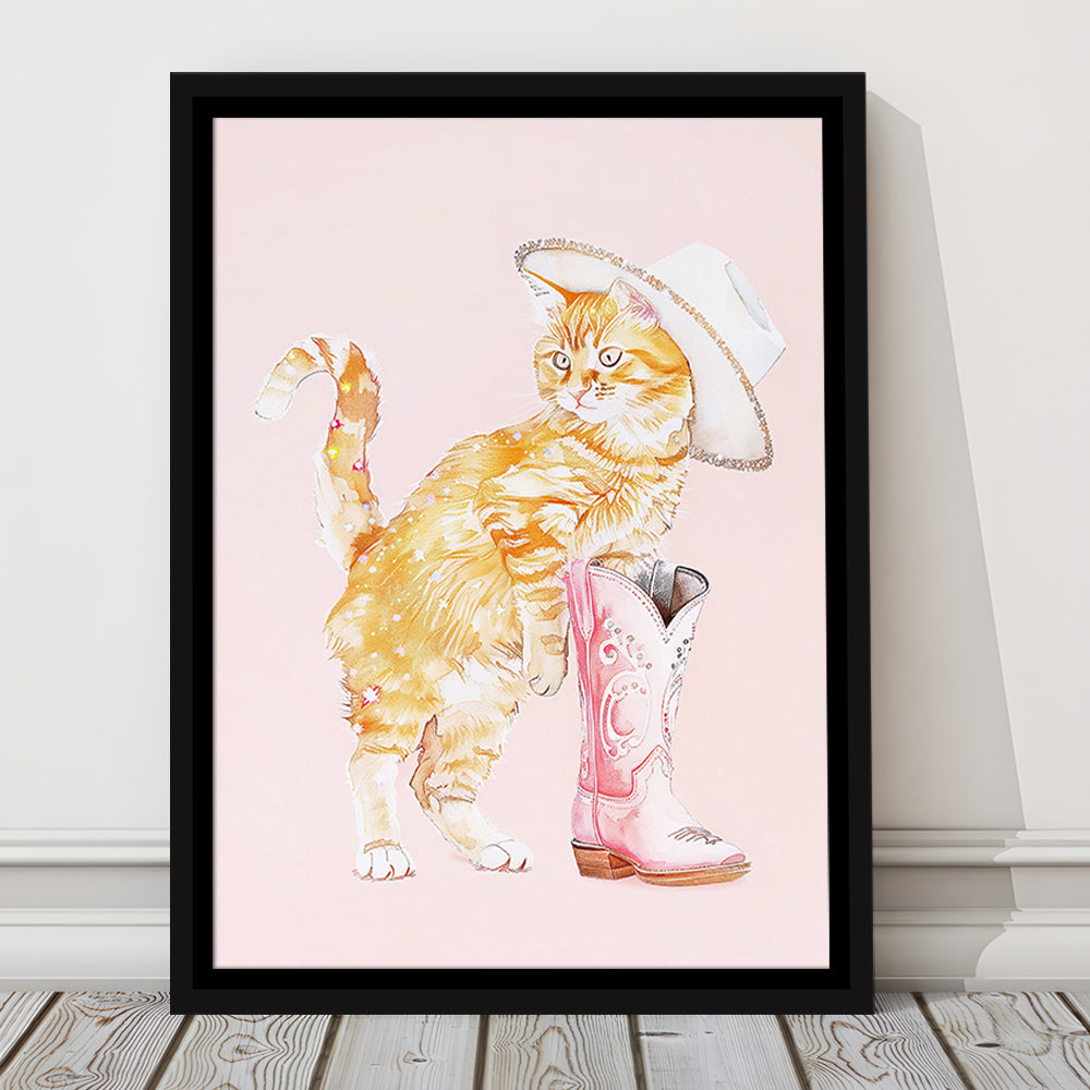 Pink Cowgirl Fashion Cat Print Orange Cat Cowgirl Hat Western Cowgirl Boots, Framed Canvas Print Wall Art, Floating Frame