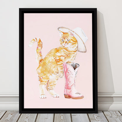 Pink Cowgirl Fashion Cat Print Orange Cat Cowgirl Hat Western Cowgirl Boots, Framed Canvas Print Wall Art, Floating Frame