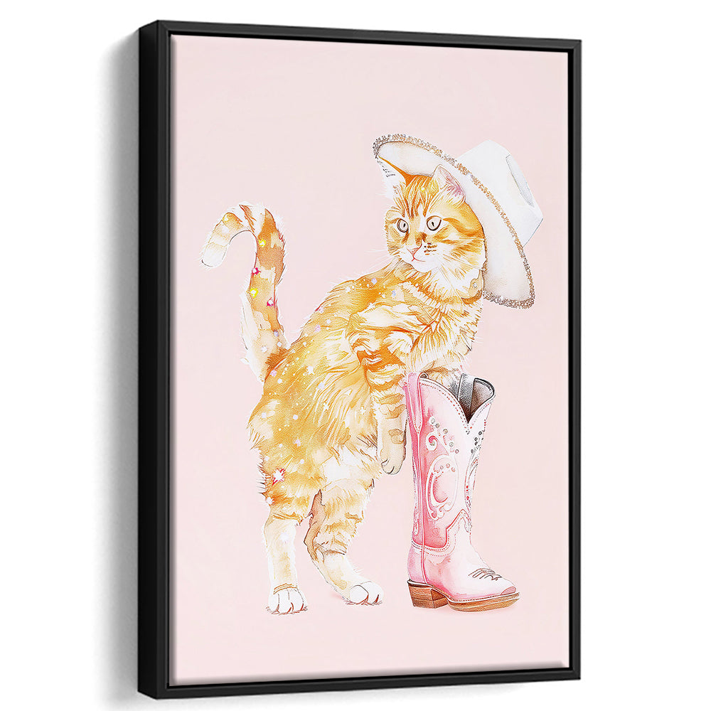 Pink Cowgirl Fashion Cat Print Orange Cat Cowgirl Hat Western Cowgirl Boots, Framed Canvas Print Wall Art, Floating Frame