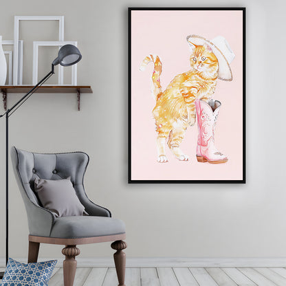 Pink Cowgirl Fashion Cat Print Orange Cat Cowgirl Hat Western Cowgirl Boots, Framed Canvas Print Wall Art, Floating Frame