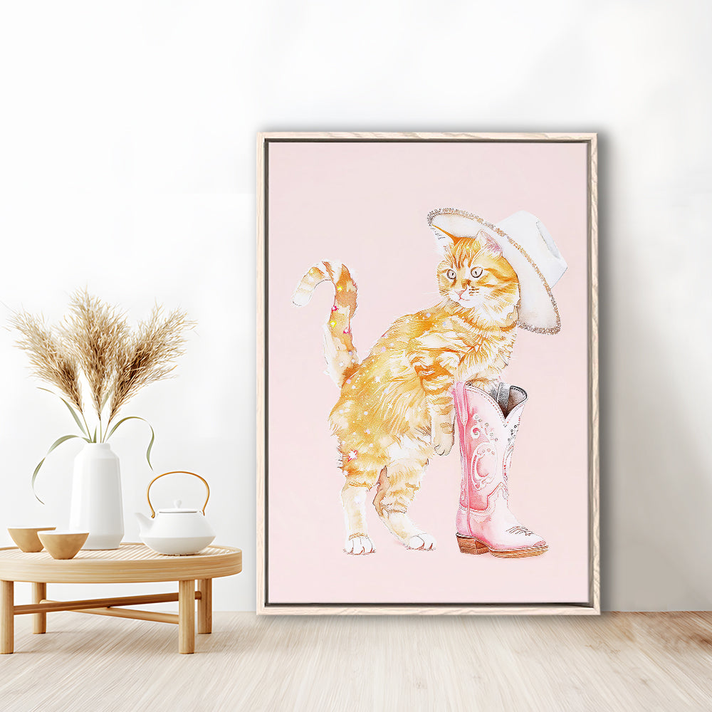 Pink Cowgirl Fashion Cat Print Orange Cat Cowgirl Hat Western Cowgirl Boots, Framed Canvas Print Wall Art, Floating Frame