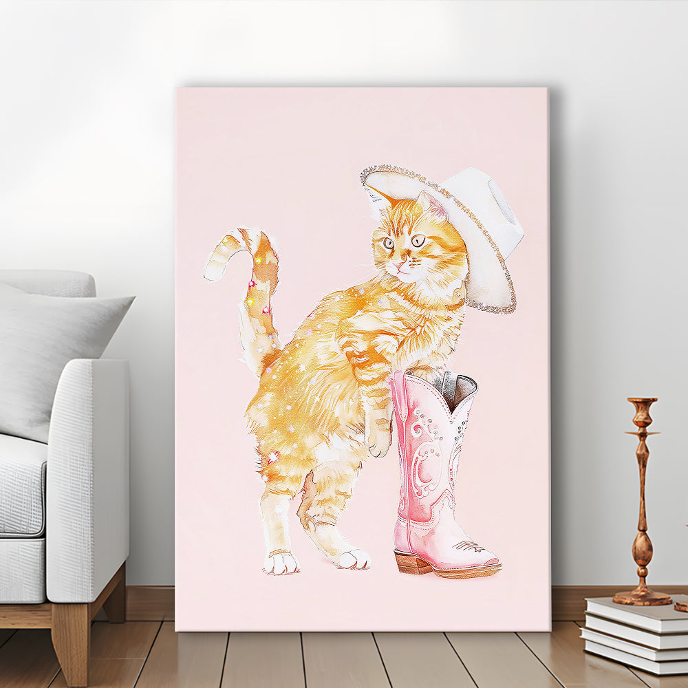 Pink Cowgirl Fashion Cat Print Orange Cat Cowgirl Hat Western Cowgirl Boots, Canvas Print Wall Art, Wall Decor, Painting Canvas