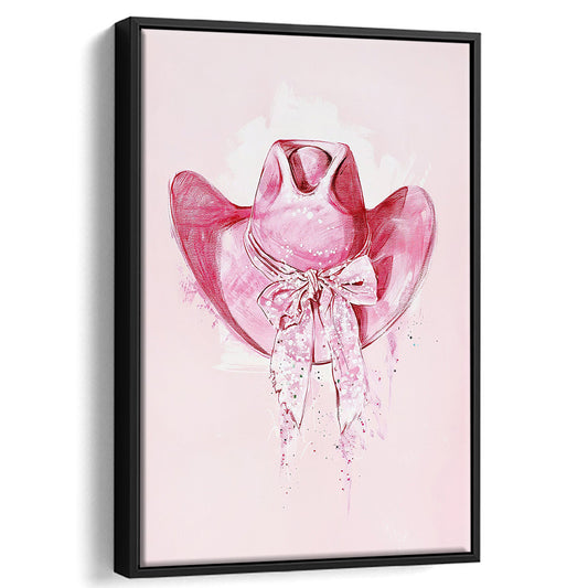 Pink Cowgirl Hat Art Print Vintage Western Decor Dorm Room, Framed Canvas Print Wall Art, Floating Frame