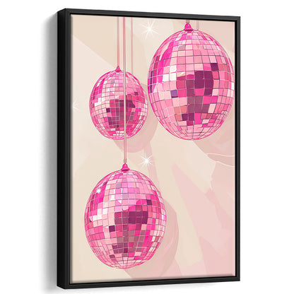 Pink Disco Balls Art Print Vintage Retro Dorm Room Glam Apartment, Framed Canvas Print Wall Art, Floating Frame