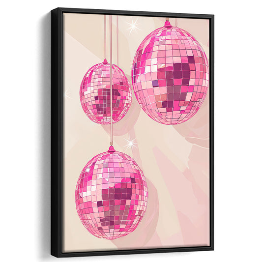 Pink Disco Balls Art Print Vintage Retro Dorm Room Glam Apartment, Framed Canvas Print Wall Art, Floating Frame
