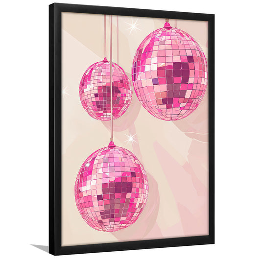 Pink Disco Balls Art Print Vintage Retro Dorm Room Glam Apartment, Framed Art Print Wall Decor, Picture Framed