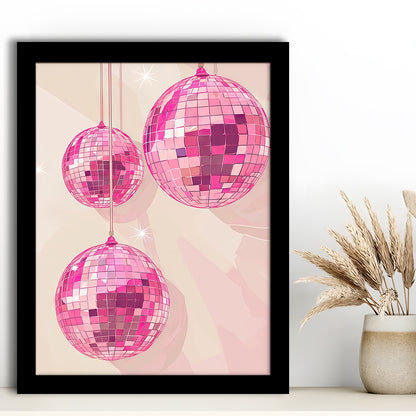 Pink Disco Balls Art Print Vintage Retro Dorm Room Glam Apartment, Framed Art Print Wall Decor, Picture Framed