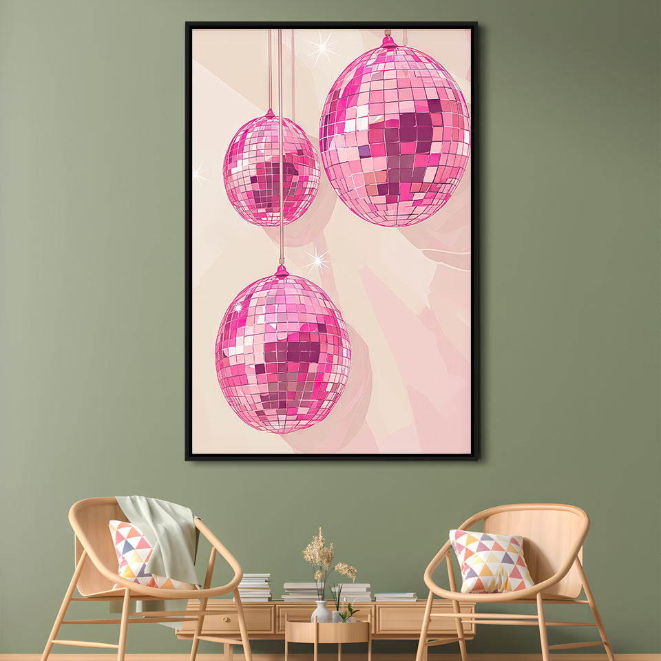 Pink Disco Balls Art Print Vintage Retro Dorm Room Glam Apartment, Framed Canvas Print Wall Art, Floating Frame