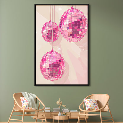 Pink Disco Balls Art Print Vintage Retro Dorm Room Glam Apartment, Framed Canvas Print Wall Art, Floating Frame