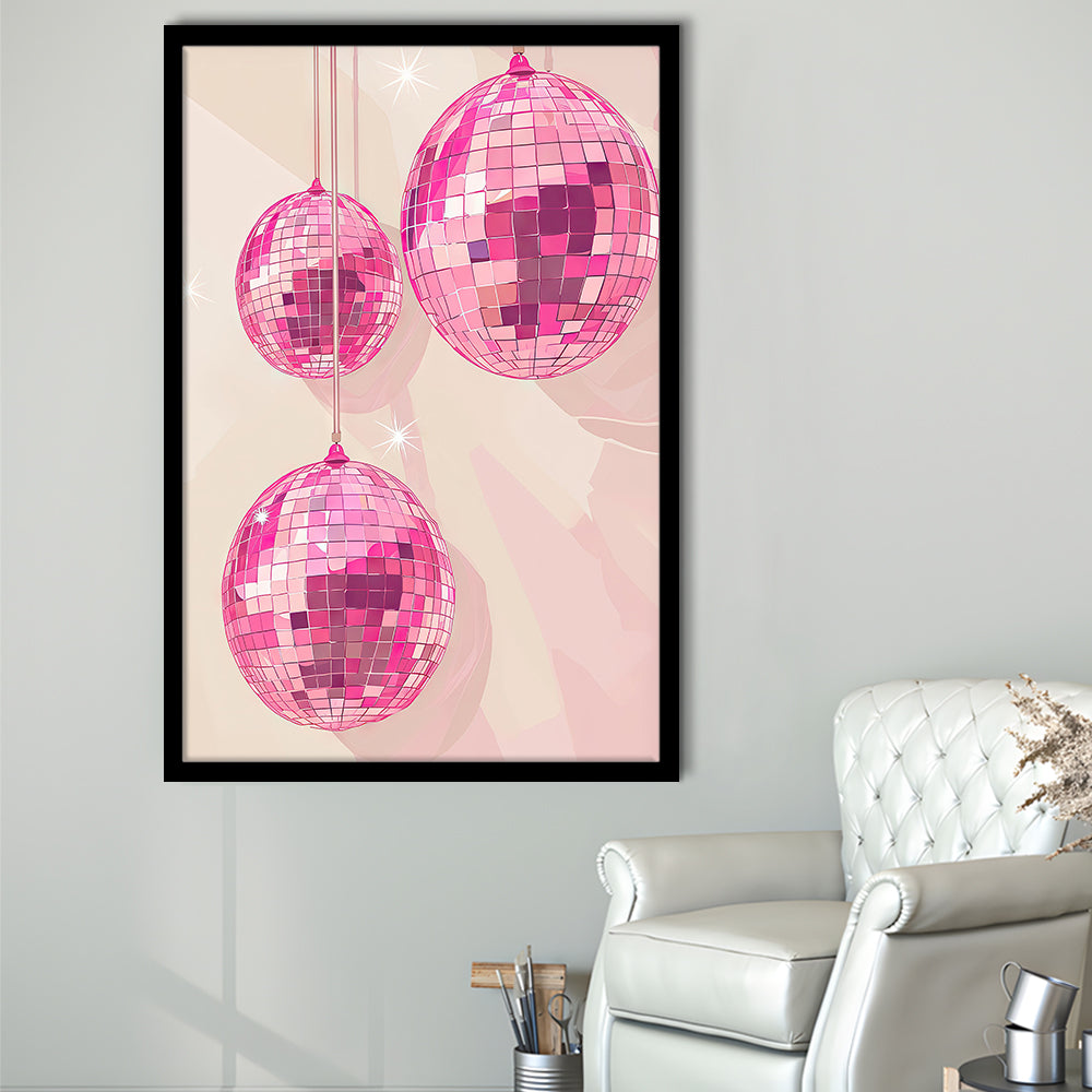 Pink Disco Balls Art Print Vintage Retro Dorm Room Glam Apartment, Framed Art Print Wall Decor, Picture Framed