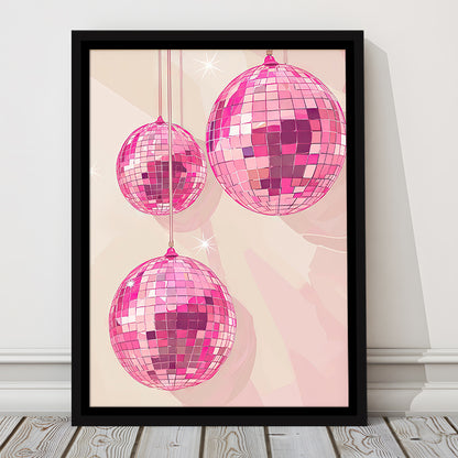 Pink Disco Balls Art Print Vintage Retro Dorm Room Glam Apartment, Framed Canvas Print Wall Art, Floating Frame