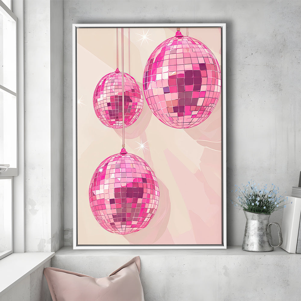 Pink Disco Balls Art Print Vintage Retro Dorm Room Glam Apartment, Framed Canvas Print Wall Art, Floating Frame