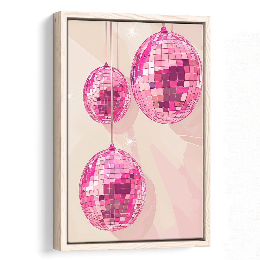 Pink Disco Balls Art Print Vintage Retro Dorm Room Glam Apartment, Framed Canvas Print Wall Art, Floating Frame