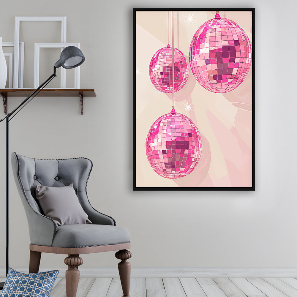 Pink Disco Balls Art Print Vintage Retro Dorm Room Glam Apartment, Framed Canvas Print Wall Art, Floating Frame