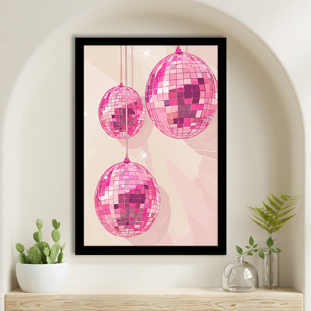 Pink Disco Balls Art Print Vintage Retro Dorm Room Glam Apartment, Framed Art Print Wall Decor, Picture Framed