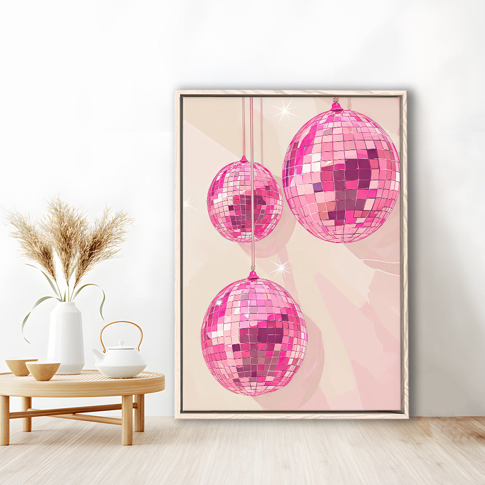Pink Disco Balls Art Print Vintage Retro Dorm Room Glam Apartment, Framed Canvas Print Wall Art, Floating Frame