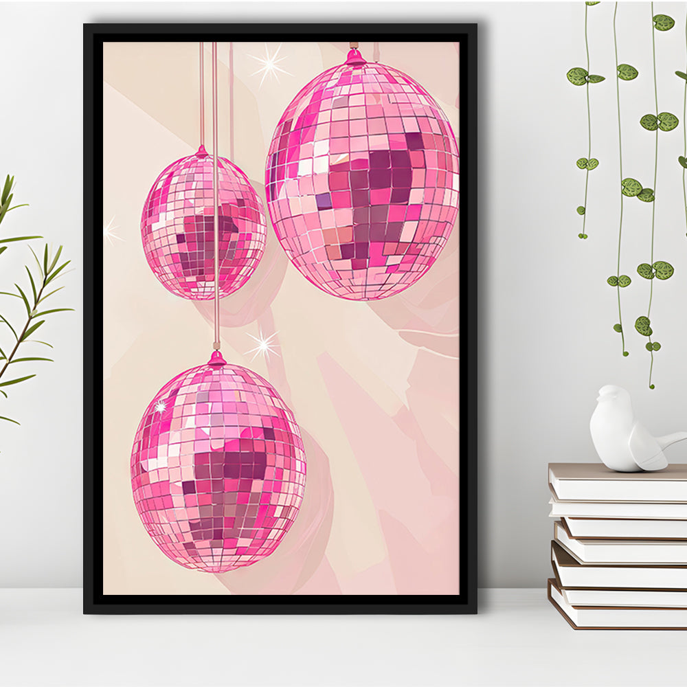 Pink Disco Balls Art Print Vintage Retro Dorm Room Glam Apartment, Framed Canvas Print Wall Art, Floating Frame