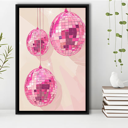 Pink Disco Balls Art Print Vintage Retro Dorm Room Glam Apartment, Framed Canvas Print Wall Art, Floating Frame