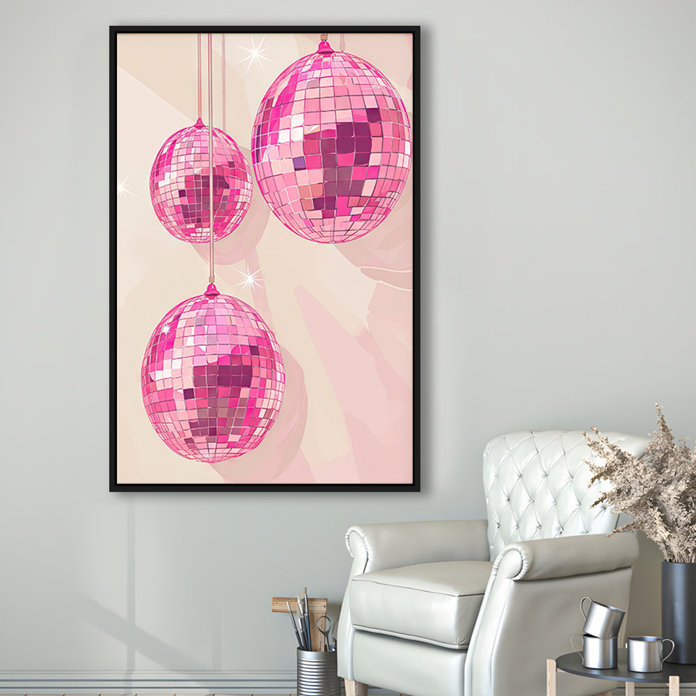 Pink Disco Balls Art Print Vintage Retro Dorm Room Glam Apartment, Framed Canvas Print Wall Art, Floating Frame