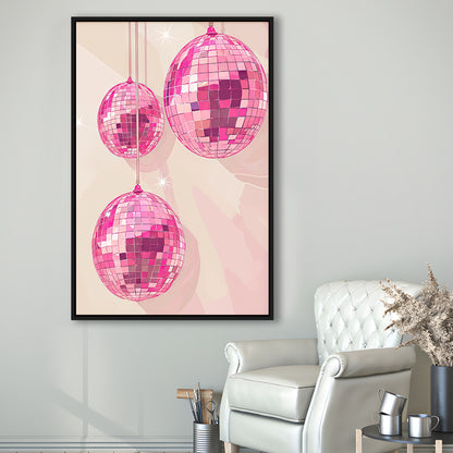 Pink Disco Balls Art Print Vintage Retro Dorm Room Glam Apartment, Framed Canvas Print Wall Art, Floating Frame