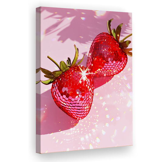 Pink Disco Strawberries Art Print Glam Disco Ball Red Strawberries Dorm Room V1, Canvas Print Wall Art, Wall Decor
